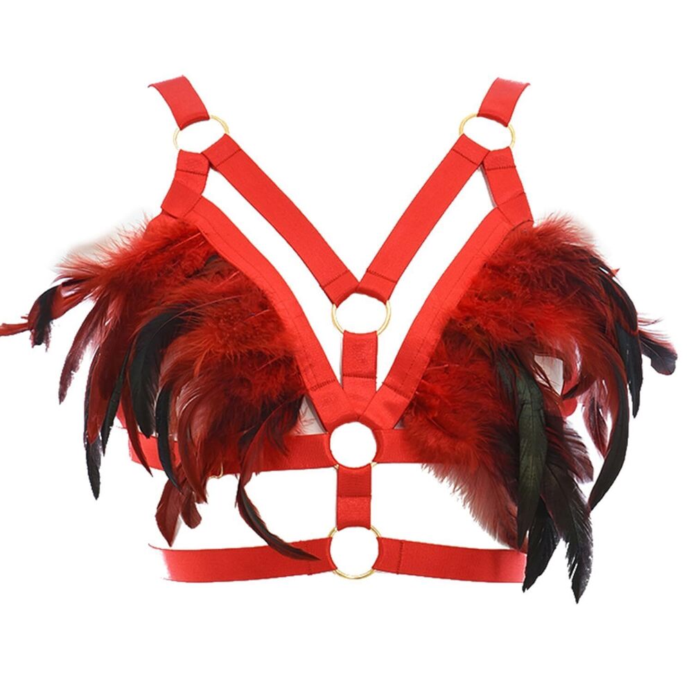 4575 Feathers Body Harness Bra Gothic Punk Rave Party Bralette Halloween